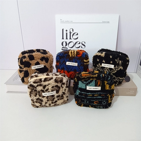 Piccola Borsa Quadrata In Peluche Sherpa Morbida Stampa Leopardata Mini Beauty Case Portamonete Organizer Da Viaggio