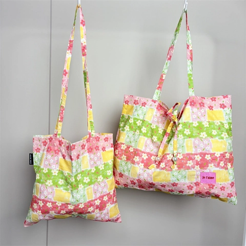 Floral Print Cotton Canvas Tote Bag Patchwork Ethnic Style Large Capacity Drawstring Artificial Pearl Decor Women Crossbody Shoulder Bag
