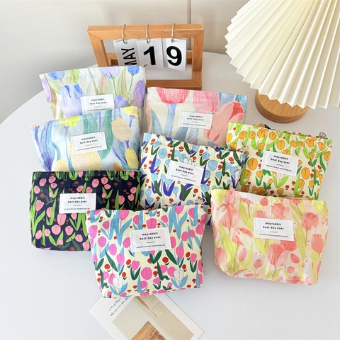 Borsa Per Cosmetici In Tela Floreale Grande Capacità Pochette Per Trucco In Cotone Stampato Organizzatore Da Viaggio Stile Coreano