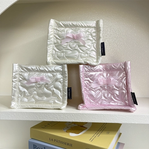 Quilted Desktop Storage Basket PU Leather Heart Pattern With Pink Bow Lace Trim For Makeup Stationery Cute Girly