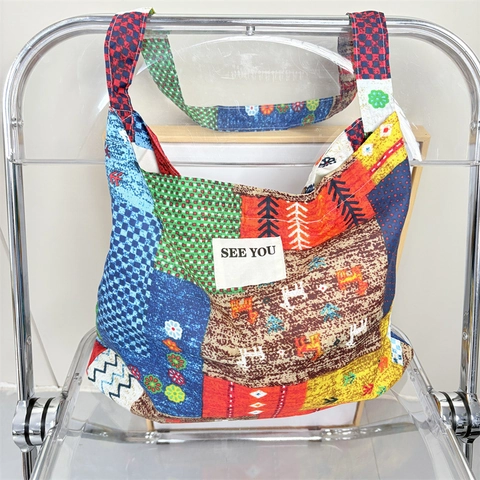 Bolso Tote De Patchwork Étnico Lona De Algodón Gran Capacidad Estampado Floral Bolso De Hombro Bohemio Para Mujer Informal