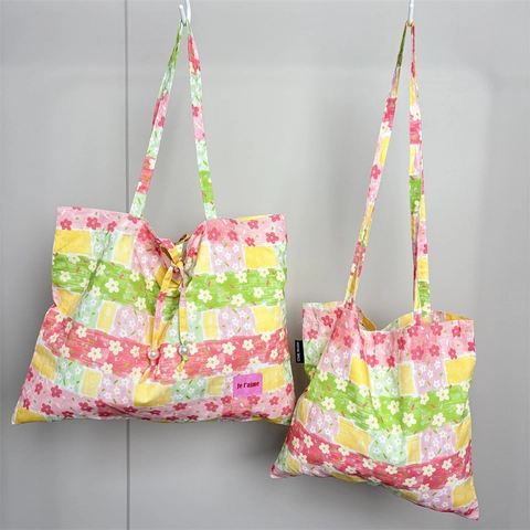 Floral Print Cotton Canvas Tote Bag Patchwork Ethnic Style Large Capacity Drawstring Artificial Pearl Decor Women Crossbody Shoulder Bag