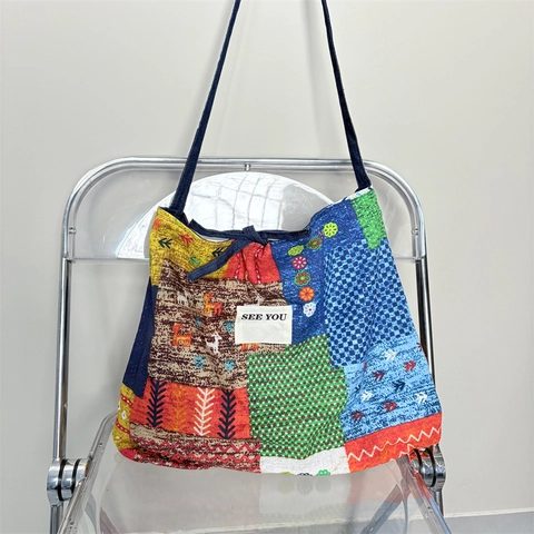 Borsa A Tracolla Denim Patchwork Bohémien Donna Grande Capacità Ricamo Etnico Borsa A Spalla Pendolare