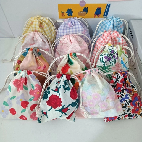 Kordelzugbeutel Baumwolle Blumen Karo Mini Kosmetik Organizer Tragbare Süße Aufbewahrungstasche Für Schmuck Kleine Gegenstände