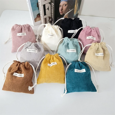Mini Bolsa Con Cordón De Pana Pequeña Bolsa De Almacenamiento Color Sólido Organizador De Maquillaje Portátil Bolsa De Joyería