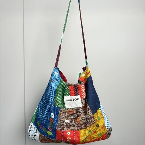 Bolso Tote De Patchwork Étnico Lona De Algodón Gran Capacidad Estampado Floral Bolso De Hombro Bohemio Para Mujer Informal