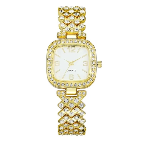Reloj De Cuarzo Para Mujer Moda Elegante Esfera Cuadrada Lleno De Pedrería Pulsera De Aleación Reloj De Pulsera Para Damas Brillante Decorativo