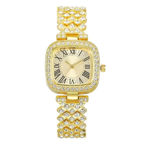 Montre Luxe Quartz Femme Cadran Carré Chiffres Romains Strass Bracelet Alliage Mode Elégante Montre Pour Dame
