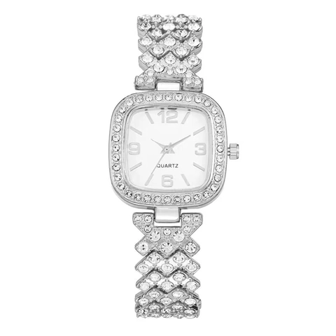 Reloj De Cuarzo Para Mujer Moda Elegante Esfera Cuadrada Lleno De Pedrería Pulsera De Aleación Reloj De Pulsera Para Damas Brillante Decorativo