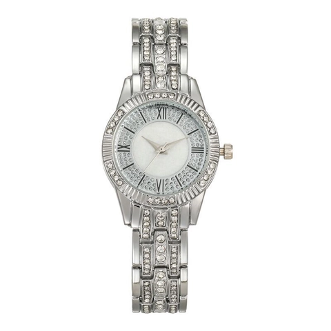 Elegant Women Quartz Watch Rhinestone Encrusted Alloy Strap Roman Numeral Dial Luxury Fashion Analog Wristwatch
