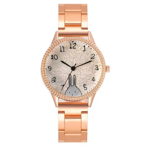 Damen Quarz Uhr Süßer Cartoon Hase Roségold Legierung Stahlband Arabische Ziffern Zifferblatt Lässig Mode Für Mädchen