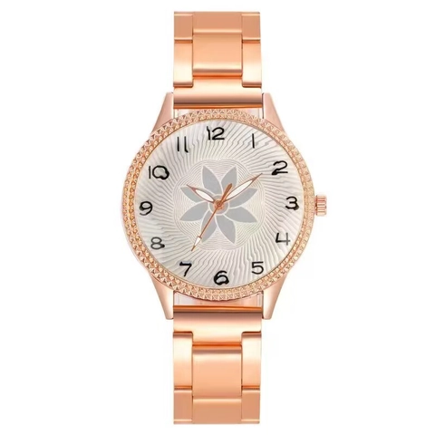 Montre À Quartz Mode Femmes Bracelet En Acier Alliage Cadran Fleur Lunette Strass Montre-Bracelet Analogique Pour Dames