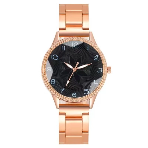Montre À Quartz Mode Femmes Bracelet En Acier Alliage Cadran Fleur Lunette Strass Montre-Bracelet Analogique Pour Dames