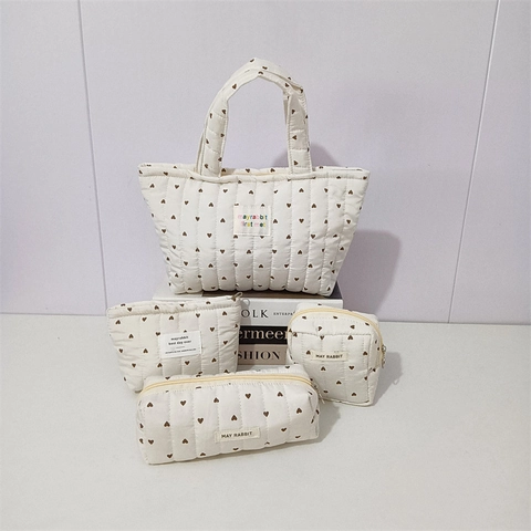 Sac À Cosmétiques Matelassé À Motif Cœur Sac À Main Doux Mignon Style Coréen Pochette De Rangement Organisateur Pour Femmes