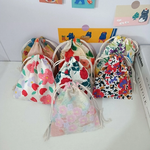 Kordelzugbeutel Baumwolle Blumen Karo Mini Kosmetik Organizer Tragbare Süße Aufbewahrungstasche Für Schmuck Kleine Gegenstände