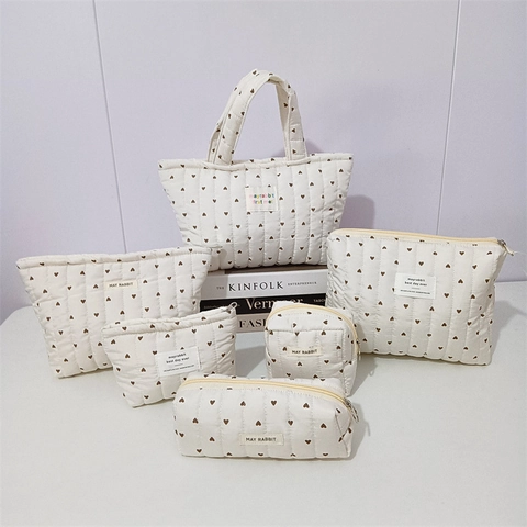 Sac À Cosmétiques Matelassé À Motif Cœur Sac À Main Doux Mignon Style Coréen Pochette De Rangement Organisateur Pour Femmes