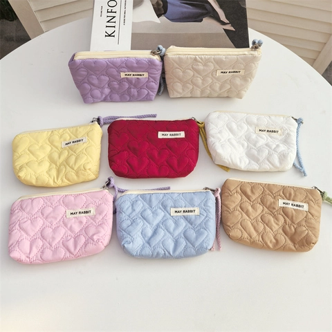 Mini Coin Purse Quilted Heart Pattern Polyester Canvas Lining Zipper Portable Cosmetic Bag Lipstick Storage Soft Pouch