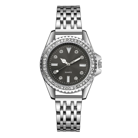 Montre Quartz Femme Avec Lunette Strass Et Bracelet En Alliage Mode Classique Cadran Rond Montre Habillée Pour Dames Élégant