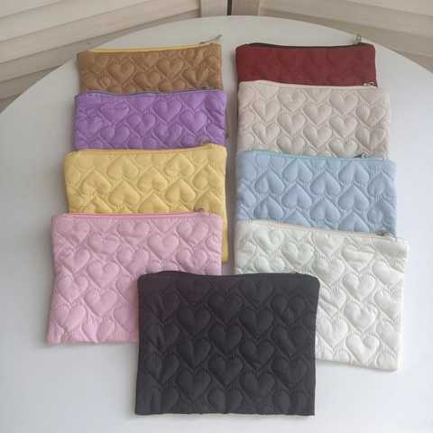 Heart Quilted Coin Purse Polyester Zipper Small Storage Pouch For Makeup Lipstick Travel Portable