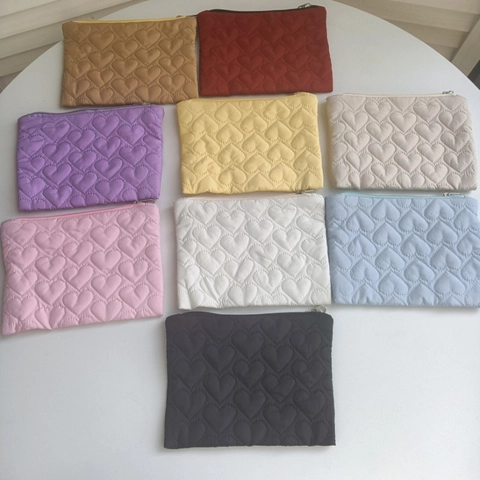 Heart Quilted Coin Purse Polyester Zipper Small Storage Pouch For Makeup Lipstick Travel Portable