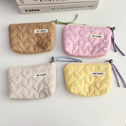 Mini Coin Purse Quilted Heart Pattern Polyester Canvas Lining Zipper Portable Cosmetic Bag Lipstick Storage Soft Pouch
