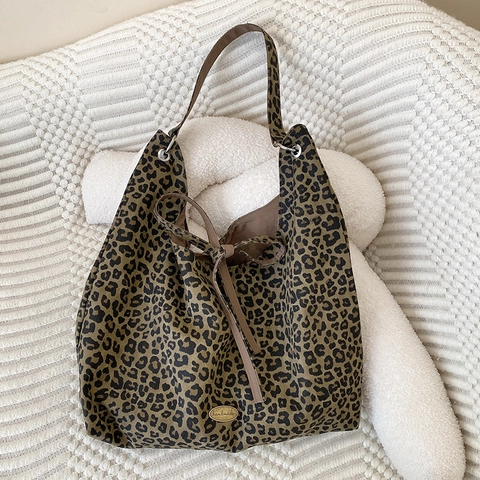 Leopardenmuster Canvas Schultertasche Große Kapazität Achselhöhle Hobo Tasche Mode Casual Leicht Mit Kordelzug