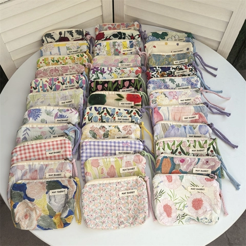 Cotton Floral Printed Coin Purse Mini Makeup Bag Canvas Lining Portable Storage Pouch Braided Rope Handle Fresh Style