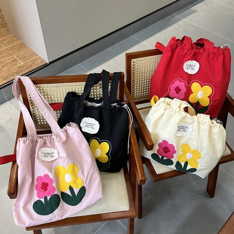 Sac Cabas Toile Femme Mignon Dessin Animé Broderie Cordon Sac Bandoulière Décontracté Grande Capacité Sac à Main