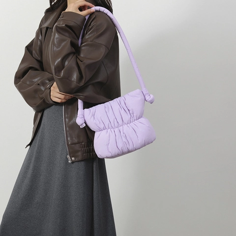 Women Puffer Cloud Bag Nylon Pleated Padded Shoulder Bag With Knotted Strap Slouchy Underarm Handbag For Daily Travel