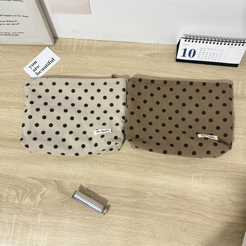 Vintage Corduroy Polka Dot Kosmetiktasche Große Kapazität Reise Kulturbeutel Minimalistischer Makeup Organizer Für Damen