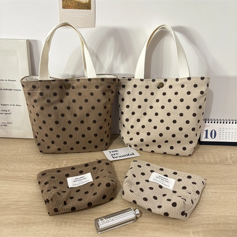Vintage Polka Dot Corduroy Handbag Tote Bag Cosmetic Pouch Pencil Case Retro Aesthetic Travel Daily Storage Women Student