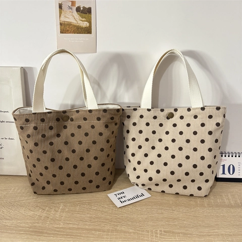 Vintage Polka Dot Corduroy Handbag Tote Bag Cosmetic Pouch Pencil Case Retro Aesthetic Travel Daily Storage Women Student