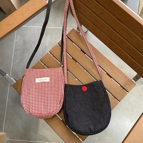 Borsa Tracolla Reversibile In Denim Per Telefono Motivo Quadri Gingham Rosso Bianco Piccola Pochette Spalla Casual Donna