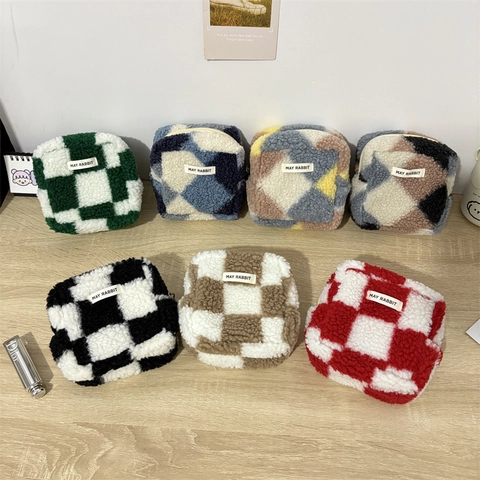 Plush Checkerboard Mini Coin Purse Sherpa Diamond Lattice Makeup Storage Bag Portable Zipper Pouch For Women