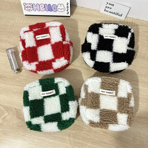 Plush Checkerboard Mini Coin Purse Sherpa Diamond Lattice Makeup Storage Bag Portable Zipper Pouch For Women