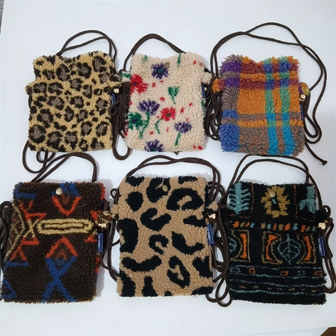 Mini Crossbody Phone Bag Plush Lamb Wool Leopard And Cartoon Print Lightweight Cute Small Square Handbag Women