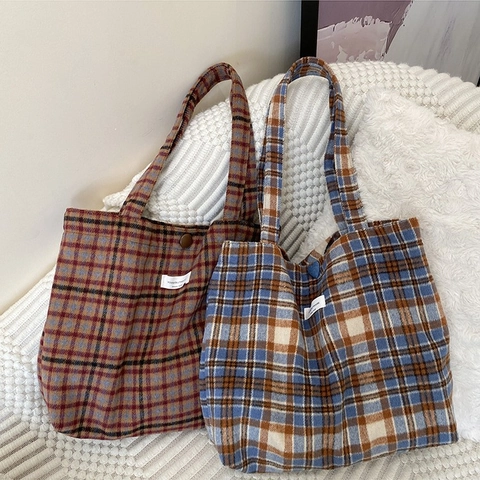 Borsa Tote Donna Retrò Stampa Leopardo Quadri Tela Lana Grande Capacità Borsa A Tracolla Per Pendolarismo Casual
