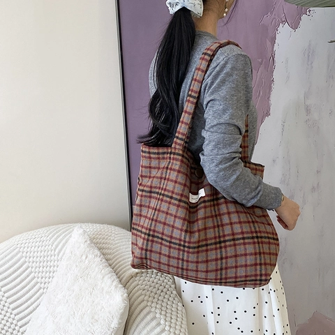 Borsa Tote Donna Retrò Stampa Leopardo Quadri Tela Lana Grande Capacità Borsa A Tracolla Per Pendolarismo Casual
