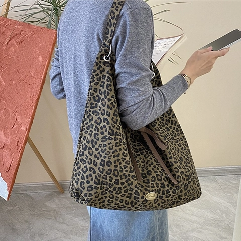 Leopardenmuster Canvas Schultertasche Große Kapazität Achselhöhle Hobo Tasche Mode Casual Leicht Mit Kordelzug