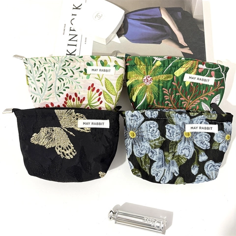 Trousse De Toilette Jacquard Brodée Fleurs Papillons Grande Capacité Pochette Maquillage Portable Organisateur Pour Femmes