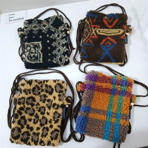 Mini Crossbody Phone Bag Plush Lamb Wool Leopard And Cartoon Print Lightweight Cute Small Square Handbag Women