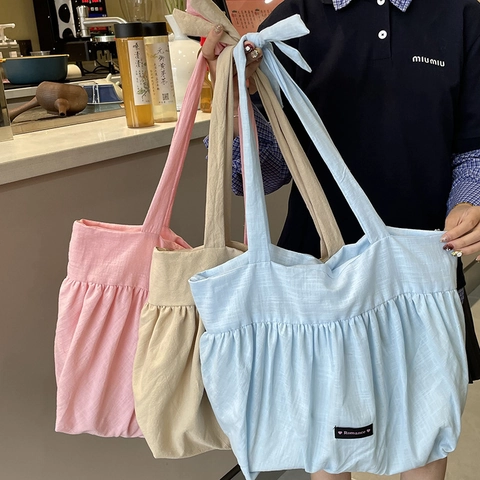 Sac Fourre-Tout Grande Capacité Design Plissé Coton Lin Sac À Épaule Avec Poignée À Nœud Style Japonais Décontracté Pour Femme