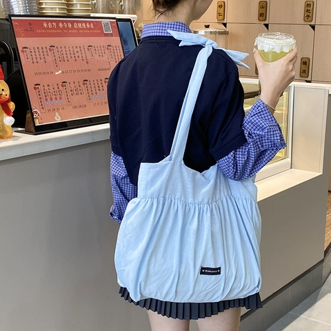 Sac Fourre-Tout Grande Capacité Design Plissé Coton Lin Sac À Épaule Avec Poignée À Nœud Style Japonais Décontracté Pour Femme