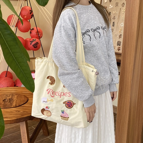 Sac Cabas Toile Femme Mignon Dessin Animé Broderie Cordon Sac Bandoulière Décontracté Grande Capacité Sac à Main