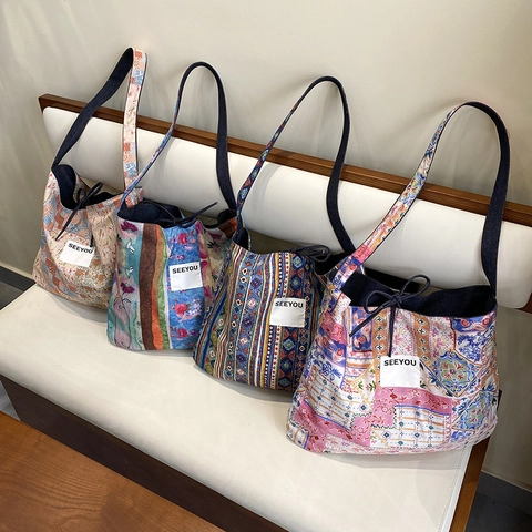 Women Tote Bag Denim Canvas Large Capacity Ethnic Patchwork Crossbody Shoulder Floral Print Embroidery Casual Travel