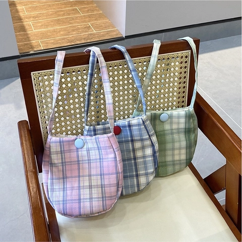 Plaid Crossbody Phone Bag Oval Polyester Canvas Fabric Vintage Small Shoulder Purse For Women Button Decor