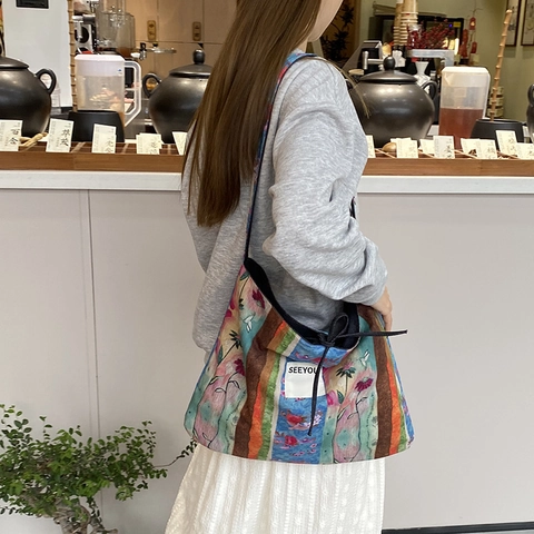 Women Tote Bag Denim Canvas Large Capacity Ethnic Patchwork Crossbody Shoulder Floral Print Embroidery Casual Travel