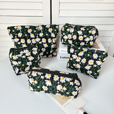 Floral Gänseblümchen Stickerei Kosmetiktasche Tragbare Leinwand Reise Aufbewahrungstasche Reißverschluss Makeup Organizer Clutch Für Frauen
