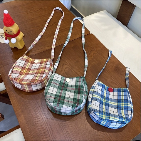 Plaid Crossbody Phone Bag Oval Polyester Canvas Fabric Vintage Small Shoulder Purse For Women Button Decor