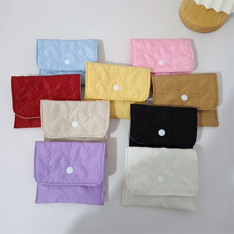 Heart Quilted Mini Coin Purse Jewelry Storage Pouch Snap Button Portable Fabric Organizer For Women Girls Candy Color